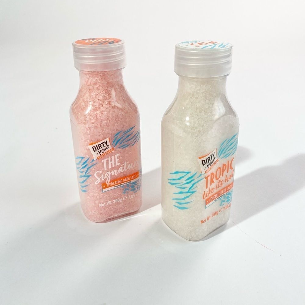 Dirty Works two small bath salt bottles